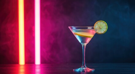 A cocktail glass, with a citrus garnish, illuminated by vibrant neon lights