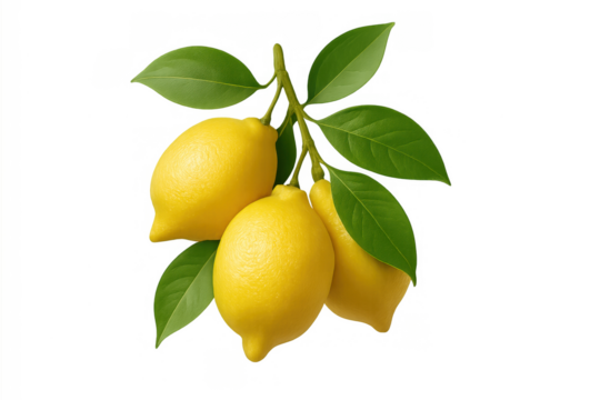 Fresh lemons on green leafy branch, ripe citrus fruit for healthy eating, cooking, drinks, transparent background
