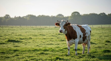 A brown and white cow stands in a grassy field in morning light