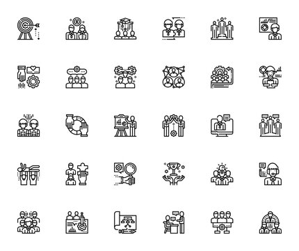 Teamwork icon set. Business collaboration vector icos pack. Includes symbols fr goal, team, partnership,collaboration, success, leder, planning, support andmore. Editable stroke.