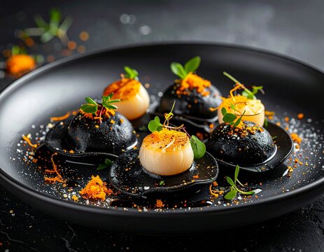 Ravioli neri al nero di seppia con ripieno di capesante.