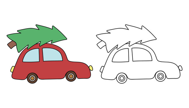 Car with christmas tree holiday coloring page for kids. Car with christmas tree holiday winter season illustration. Christmas holiday worksheets printable.