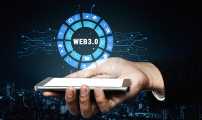 The Web 3.0 technology ecosystem and its digital applications. An interface showcasing the various components of the next generation internet. Motif