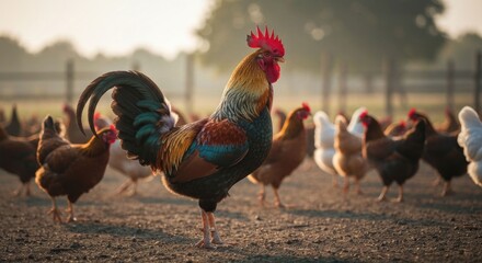 A vibrant rooster struts proudly among a flock of hens in a farm setting