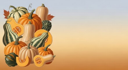 Autumnal Still Life: A Festive Gathering of Gourds and Pumpkins with Warm Colors