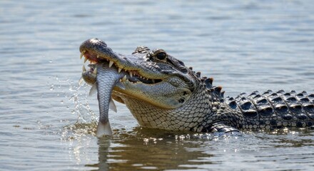 Obraz premium Alligator emerges from water, holding a fish in its jaws