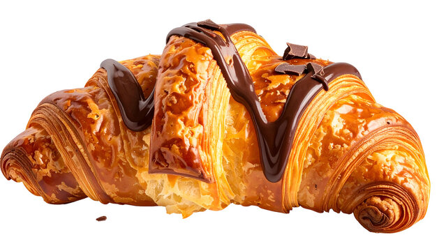 Glossy croissant drizzled with rich dark chocolate on black