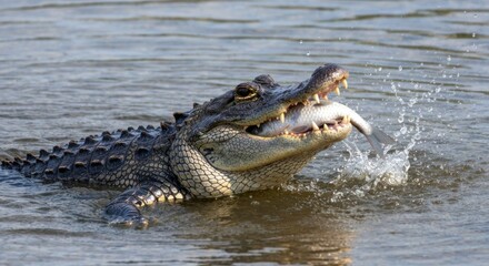 Obraz premium Alligator emerges from water, jaws clamped on its prey, creating splash