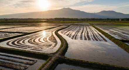Aerial view of flooded rice fields reflecting sunset, mountains in background