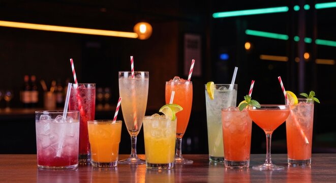 Assortment of colorful cocktails on a bar, lit with warm and cool lights