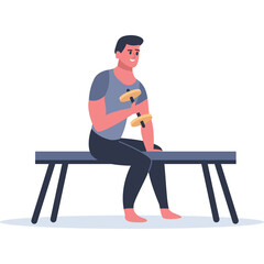 Man with Short Dark Hair and Blue Eyes Wearing a Grey T Shirt and Dark Blue Pants Sitting on a Blue Bench Lifting a Yellow Dumbbell in a White Background