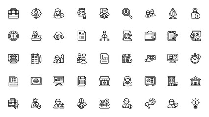Business icon set. Minimal vector icons pack. Includs symbols for case, smartpone, money, target, chart,growth, deal, presentationand more. Editable stroke.