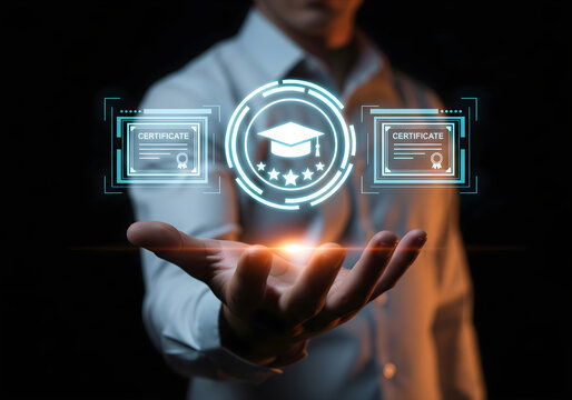 Man holding digital certificate icon with graduation cap, symbolizing online learning achievement. Concept of e-learning, remote education, and professional certification system.