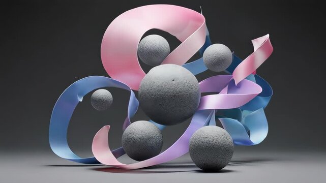 Spherical textured objects and colorful ribbons float on a gradient grey background