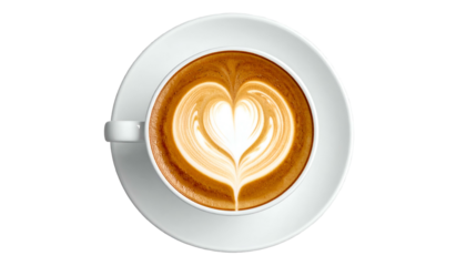 Latte art heart, top view on white saucer, against black ground