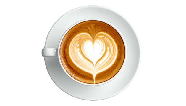 Latte art heart, top view on white saucer, against black ground