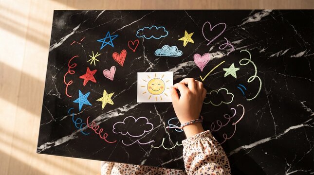 Child's Creative Joy: Tiny Hand Places Smiling Sun Drawing Amidst Colorful Chalk Doodles on Black Marble Tabletop