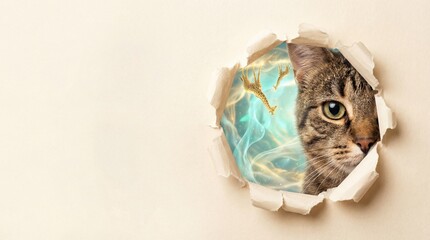 Tabby Cat Peeking Through Ripped Paper Portal to Surreal Giraffe World, Dreamy Background, Representing Discovery and Alternative Reality.
