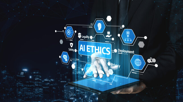 A businessman engages with a digital tablet displaying the concept of AI ethics, emphasizing critical issues like privacy, safety, and legal compliance in technology today. Tessel