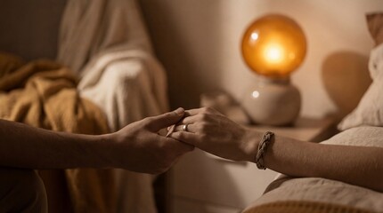 Obraz premium Intimate close-up of a loving couple holding hands softly in a dimly lit, cozy bedroom with a warm orange glow from a bedside lamp.