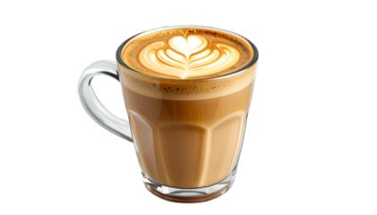 Latte art heart in glass mug, frothy, brown coffee beverage