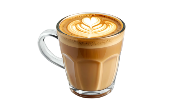 Latte art heart in glass mug, frothy, brown coffee beverage