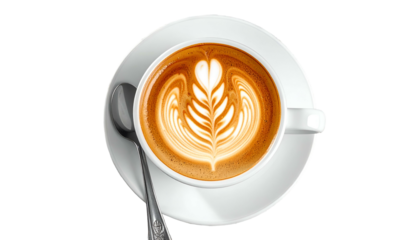 Latte art in a white cup and saucer on a black background