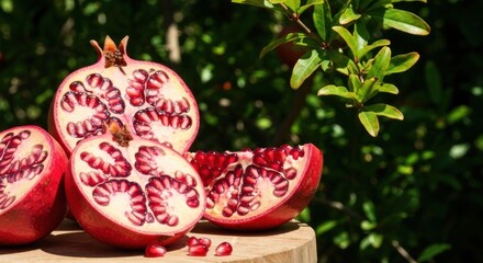 Close-up of cut pomegranate fruit, showcasing vibrant red seeds
