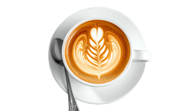 Latte art in a white cup and saucer on a black background