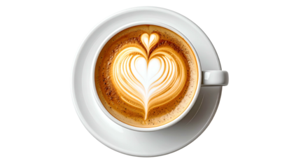 Coffee latte art heart design, in a white cup, overhead view