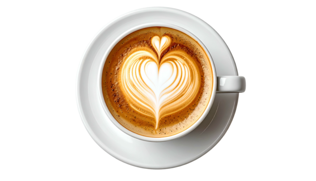 Coffee latte art heart design, in a white cup, overhead view