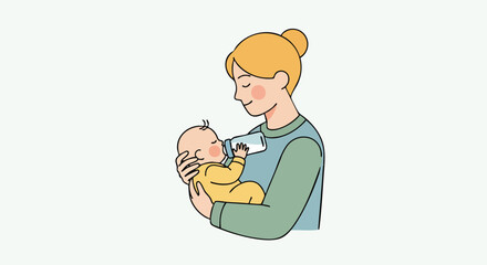 A smiling mother lovingly holds and feeds her newborn baby with a milk bottle.