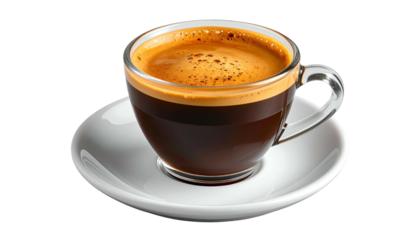 Espresso in clear cup with crema on white saucer, dark backdrop