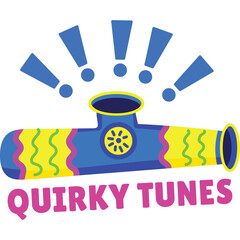 Quirky Tunes playful sound effect icon with vibrant yellow blue and purple wavy pattern and exclamation marks against a transparent background
