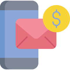 Mobile phone with pink envelope notification icon and yellow dollar coin symbolizing financial transaction and money transfer on a transparent background