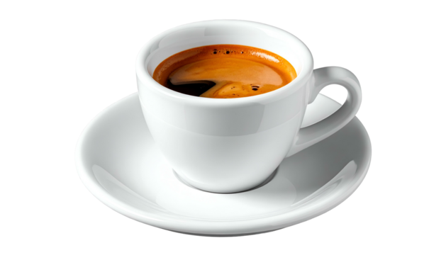 Espresso in a white cup, saucer on black. Dark, rich, crema