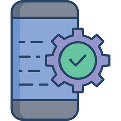 Mobile phone interface with purple gear and green checkmark icon representing settings and configuration on a transparent background