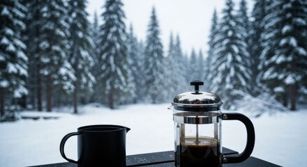 Coffee press and mug sit outdoors in a snowy, evergreen forest