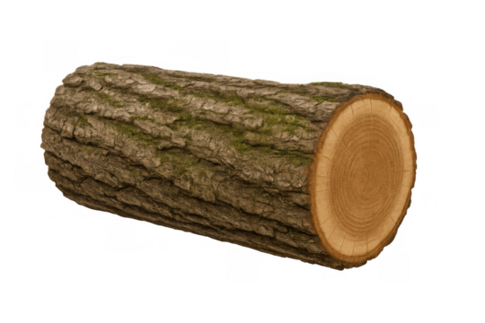 Logging industry raw material showing cut tree trunk with bark and growth rings, isolated on transparent background