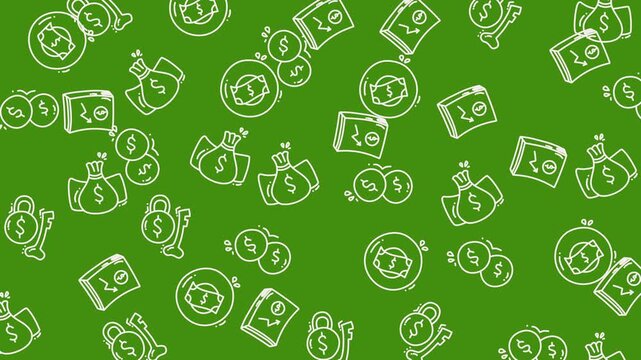 Green background with hand-drawn money symbols in a seamless pattern