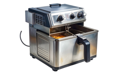 Deep fryer cooking food, stainless steel appliance against black