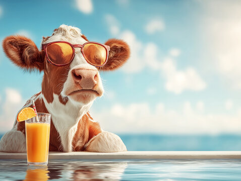 Cow wearing sunglasses lounges at the pool. Orange juice glass and blue sky create a sunny summer mood.