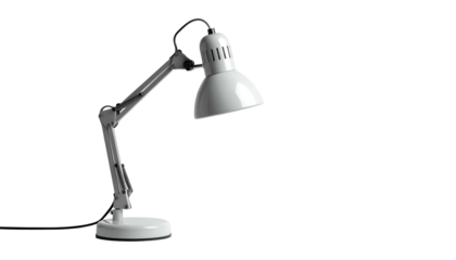 White adjustable desk lamp casts light against a stark black backdrop