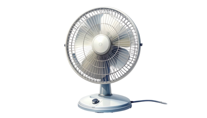 Table fan with silver blades and a blue base against black