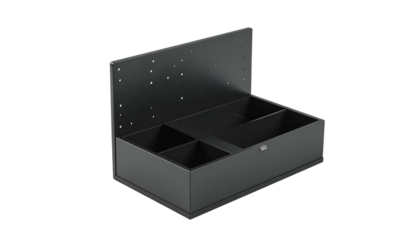 Dark grey desk organizer with dividers, back panel with holes
