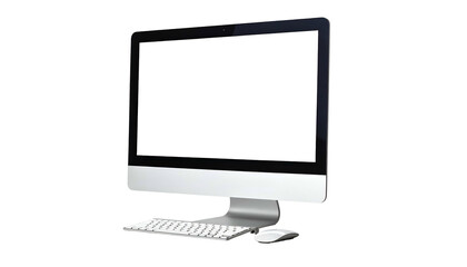 Desktop computer with a blank screen, keyboard, and mouse isolated