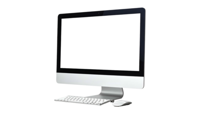 Desktop computer with a blank screen, keyboard, and mouse isolated