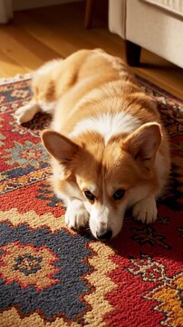 Corgi resting on colorful rug in cozy living room during afternoon relaxation time