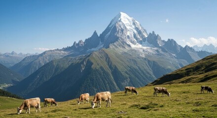 Fototapeta premium Cows graze on a green slope with a majestic snow-capped mountain backdrop