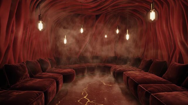 Interior with curved sofas, red walls, hanging lights, and misty floor